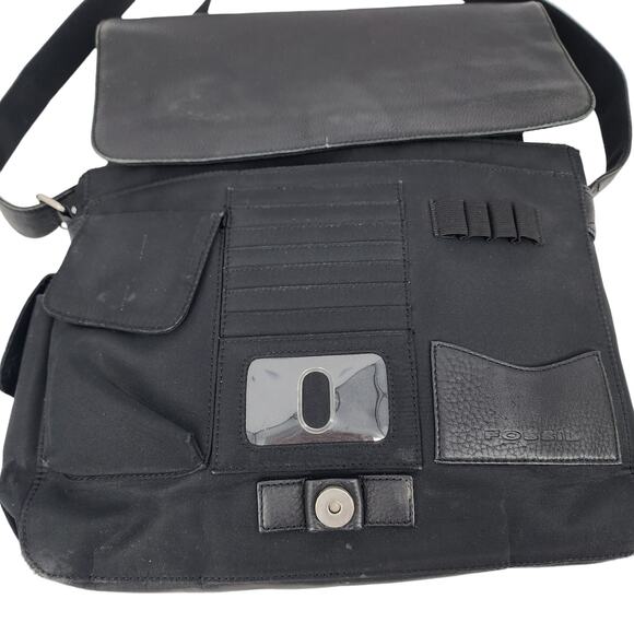 Fossil Black Leather Large Adjustable Strap Laptop Messenger Bag - Picture 3 of 8